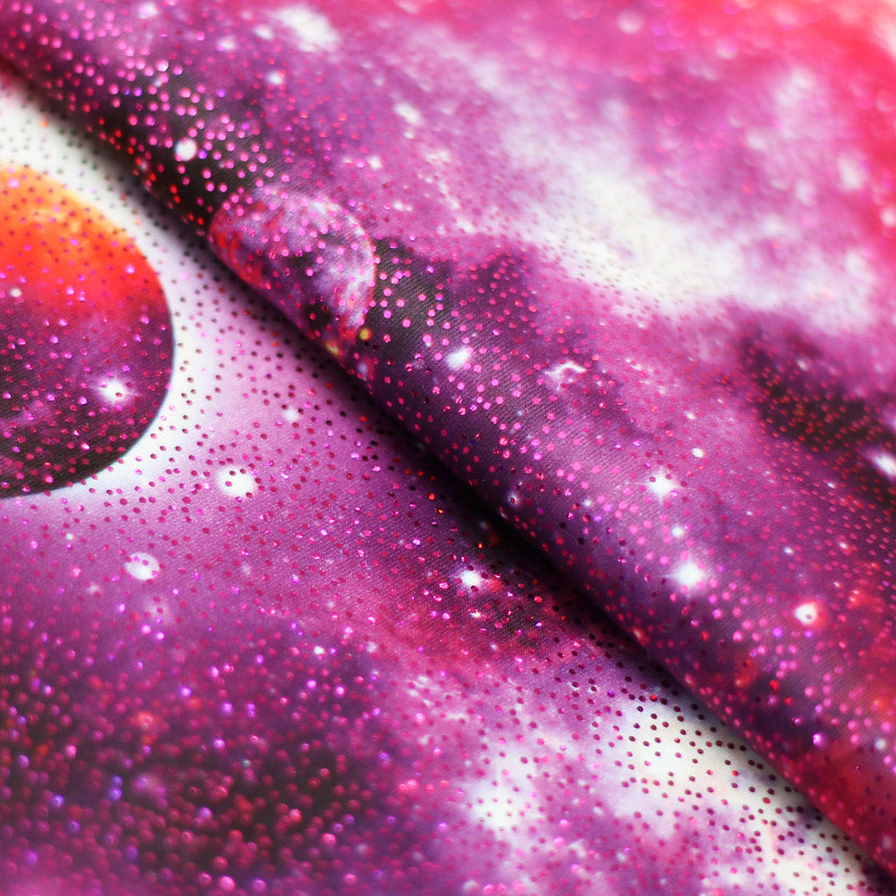 Galaxy Polyester Spandex Fabric - Pink, Blue, Multi, Sparkly Galaxy Print, 58/60" Width, 200 GSM (1 Yard)