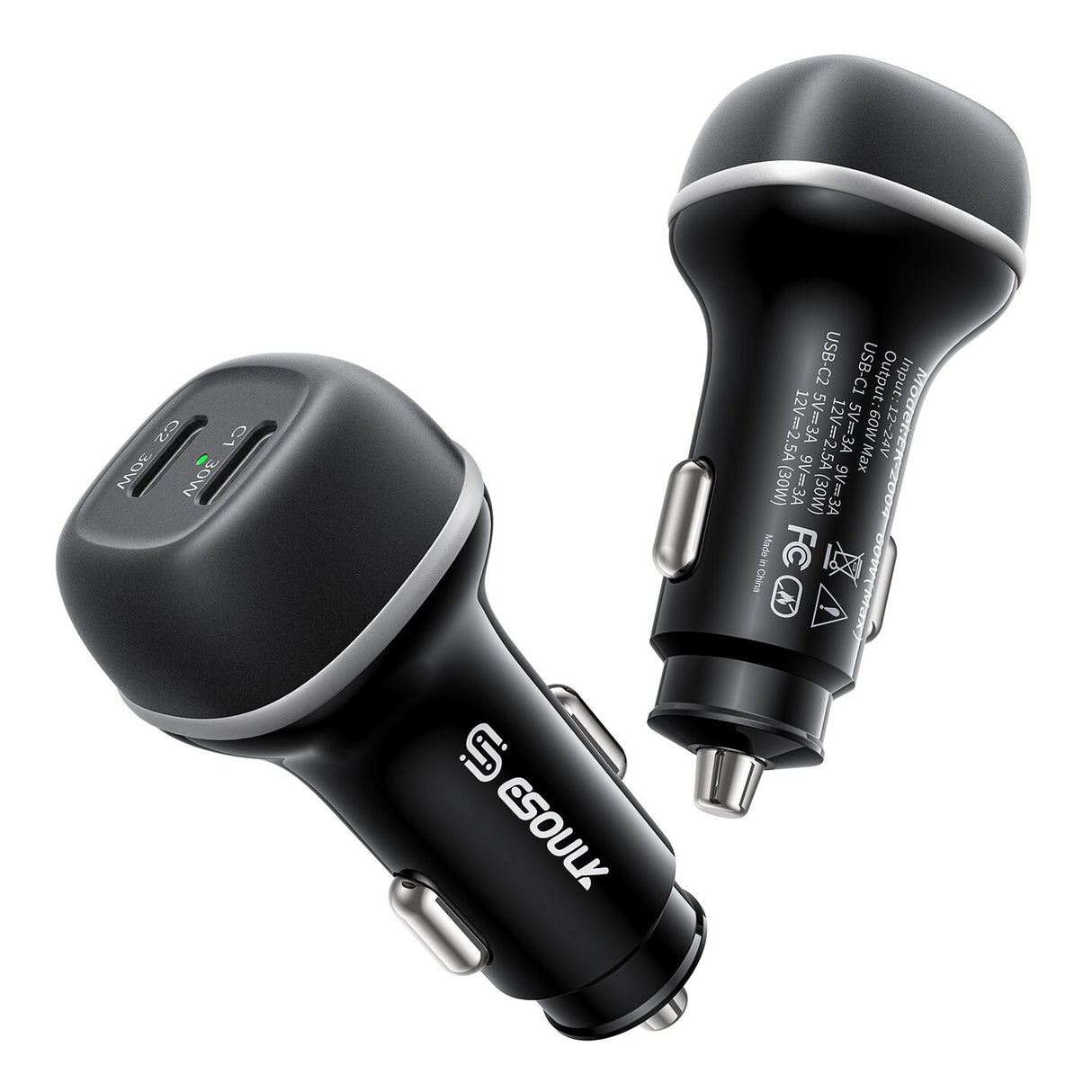 60W PD Dual USB-C Car Charging Plug (12/48) - 2 COUNT
