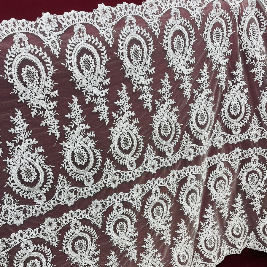 1 Yard Corded Bridal Lace Fabric Embroidered on 100% Polyester Net