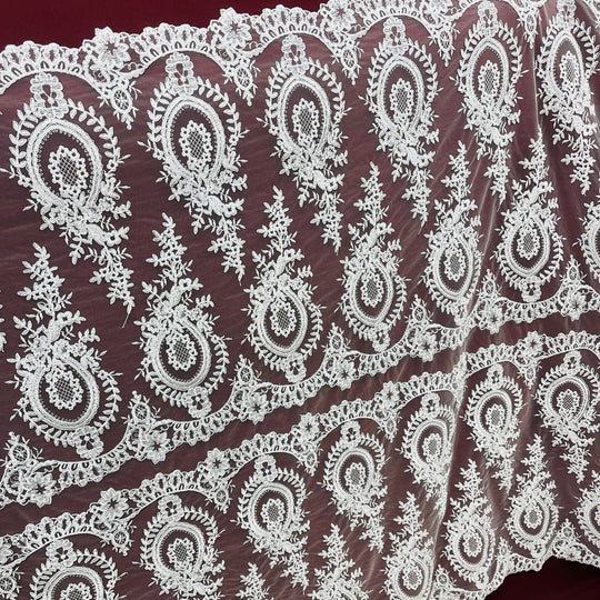 1 Yard Elegant Corded Bridal Lace Fabric Embroidered on Polyester Net Mesh
