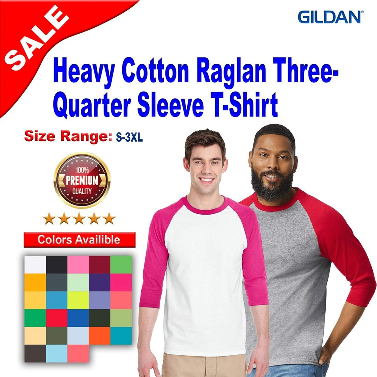Gildan® Heavy Cotton Raglan Crewneck Three-Quarter Sleeve T-Shirt