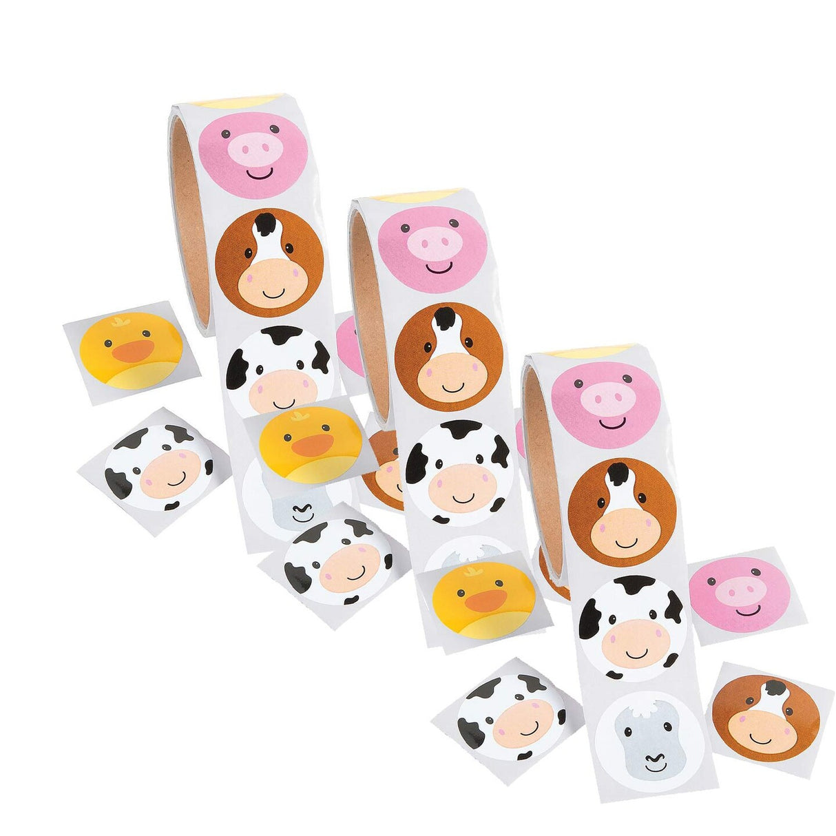 1 1/2" Farm Animal Face Multicolor Paper Sticker Roll 100 Pc