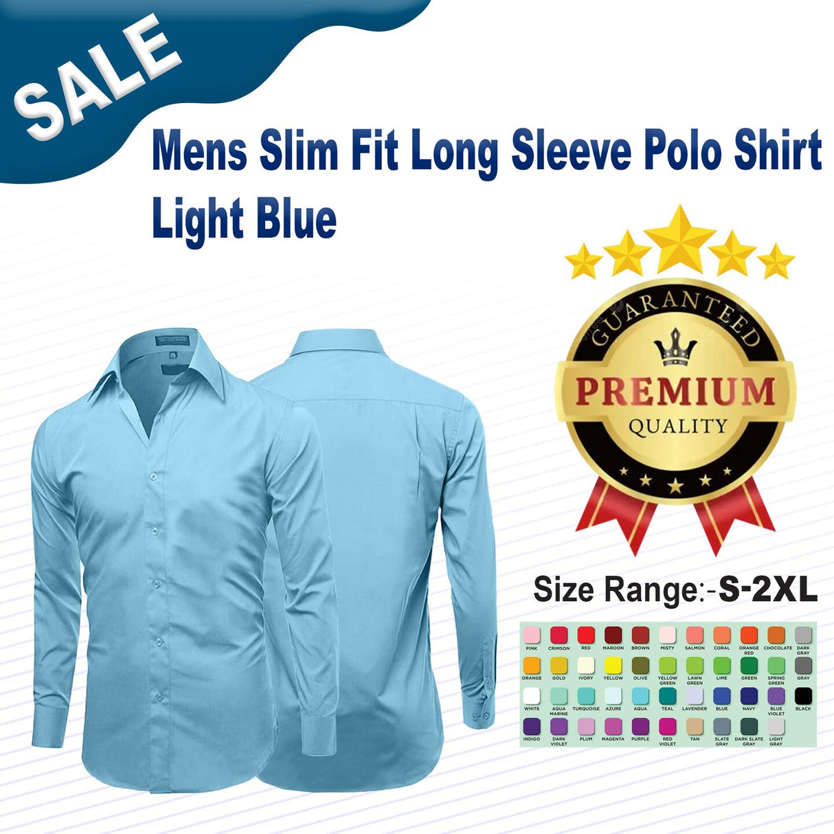 Mens Slim Fit Long Sleeve Polo Shirt Light Blue