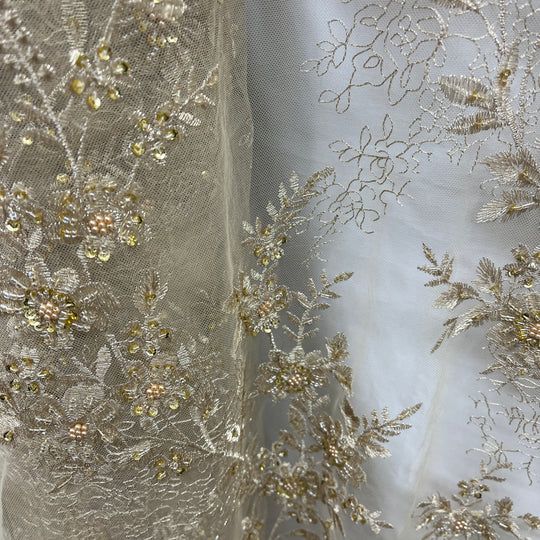 1 Yard Beaded Floral Lace Fabric Embroidered on Polyester Net Mesh 51 inch Width