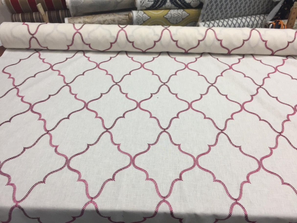 Eliza Embroidered Raspberry Polyester Cotton Fabric - Red Embroidery On White, Linen Look, 45% Cotton / 55% Polyester (By The Yard)