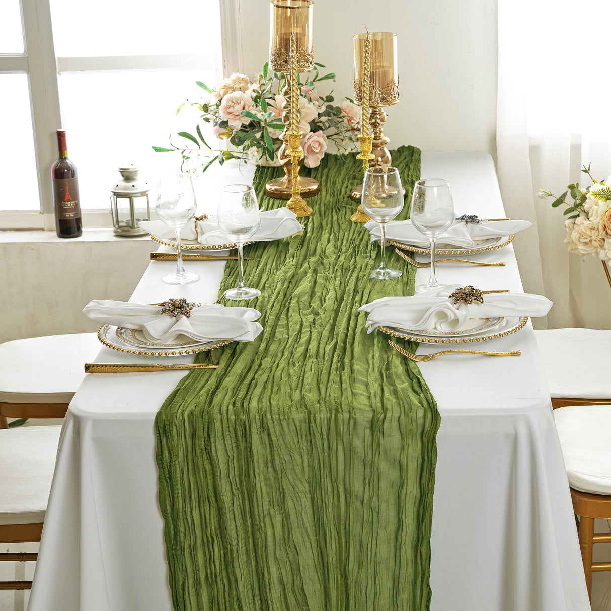 Gauze Cheesecloth Table Runner 10 ft x 38" Moss Green/Olive Green
