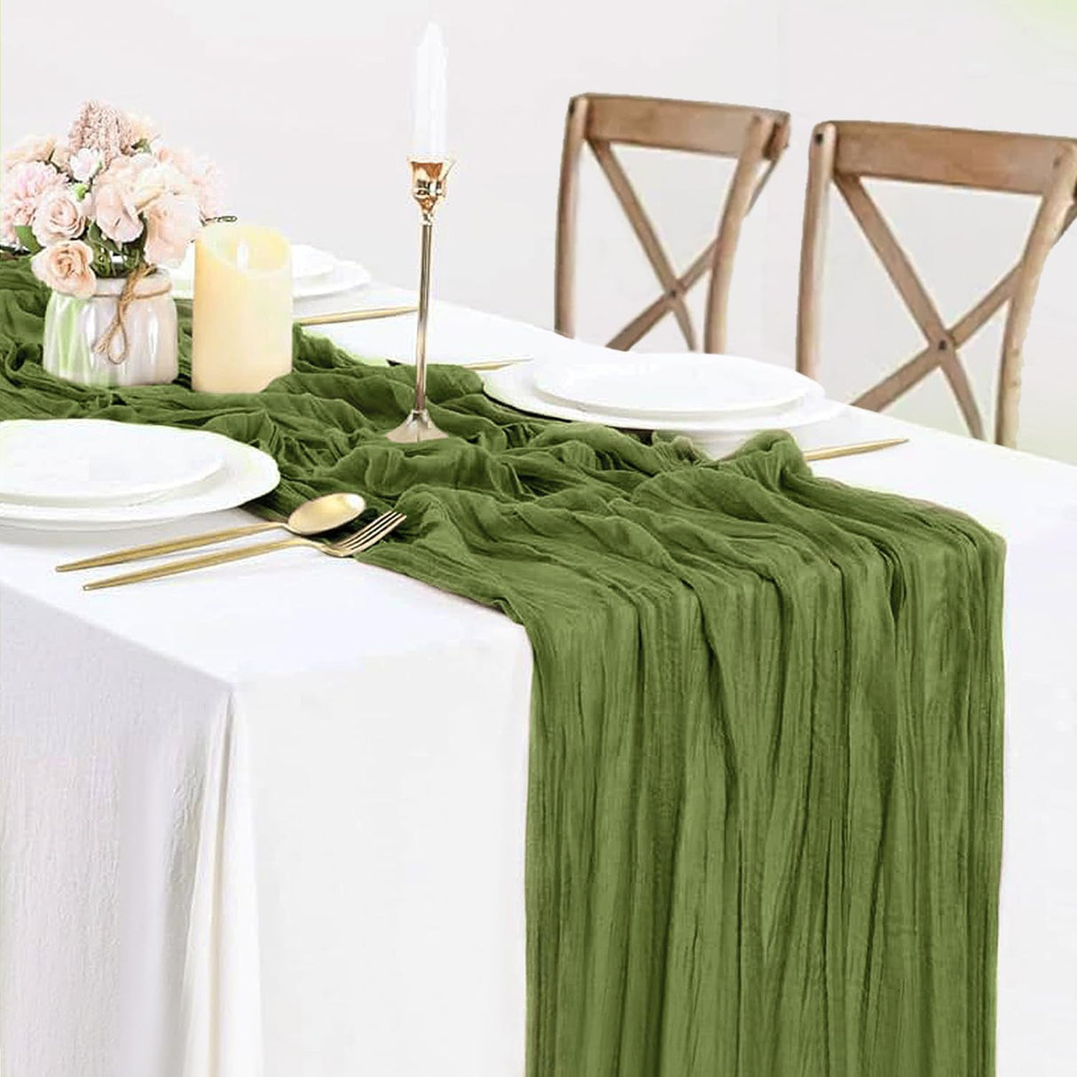 Gauze Cheesecloth Table Runner 10 ft x 38" Moss Green/Olive Green