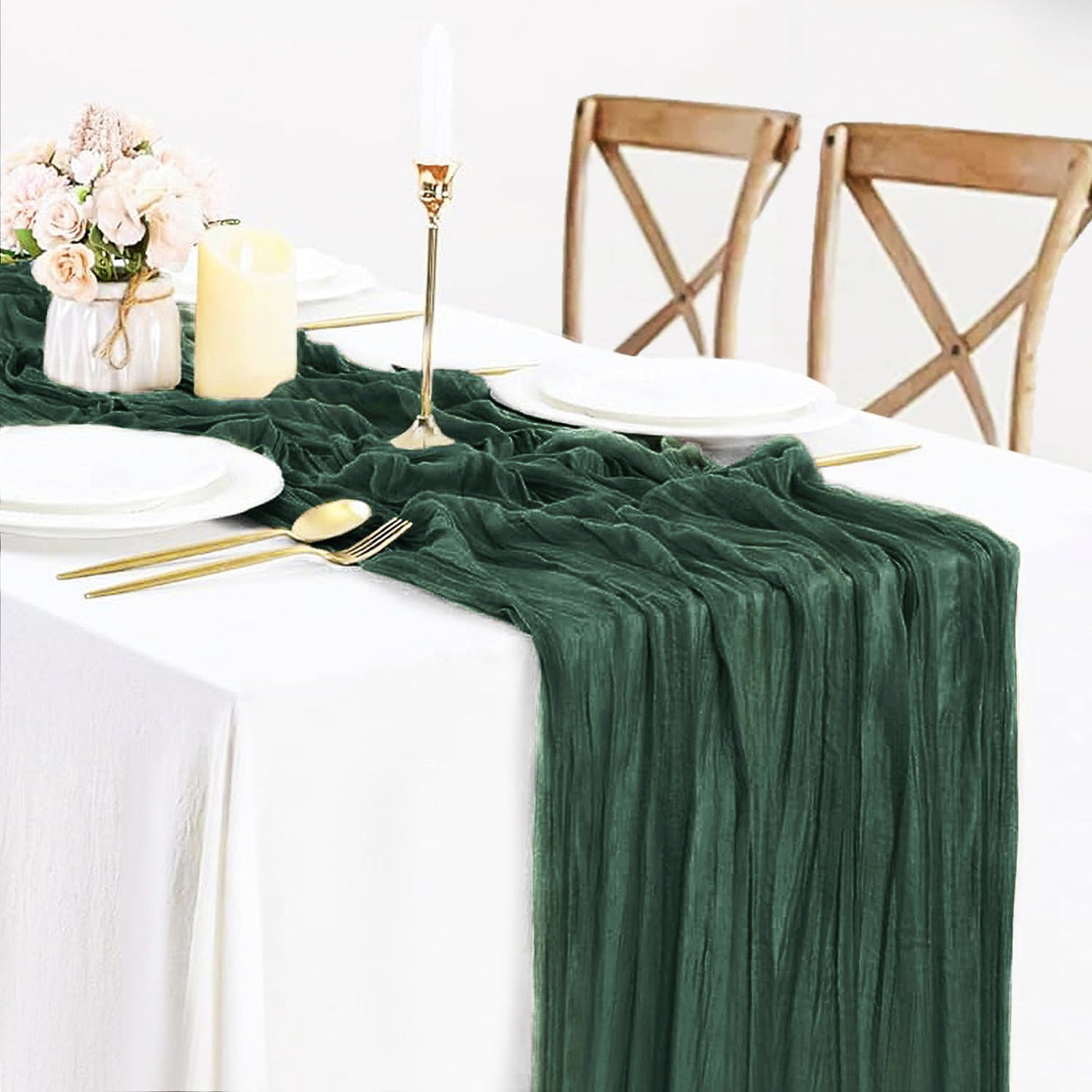 Gauze Cheesecloth Table Runner 10 ft x 38 in Hunter Green/Holly Green