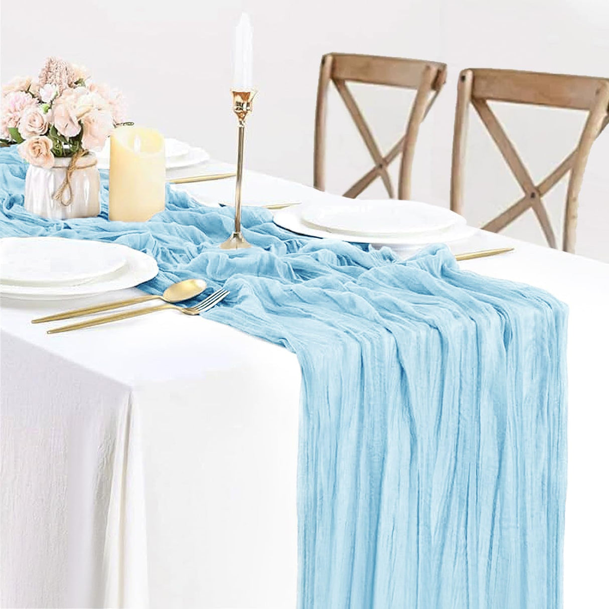 Cheesecloth Table Runner 10 ft x 38 in Baby Blue
