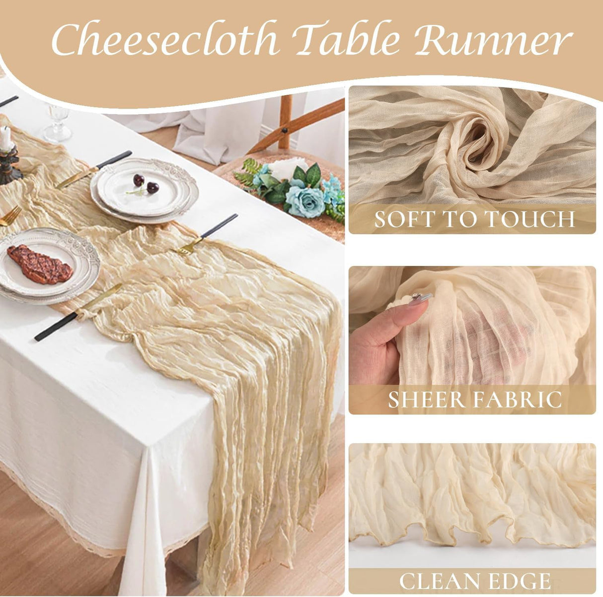 Gauze Cheesecloth Table Runner 10 ft x 38 in Champagne