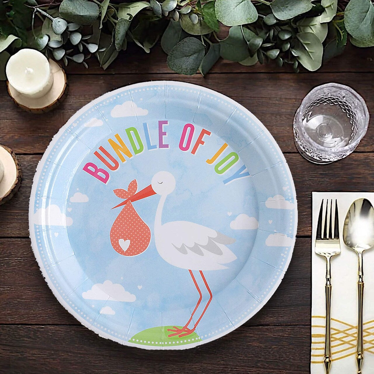 8 Ct. Bundle of Joy Stork Paper Dessert Plates 7" Baby Shower Party Tableware