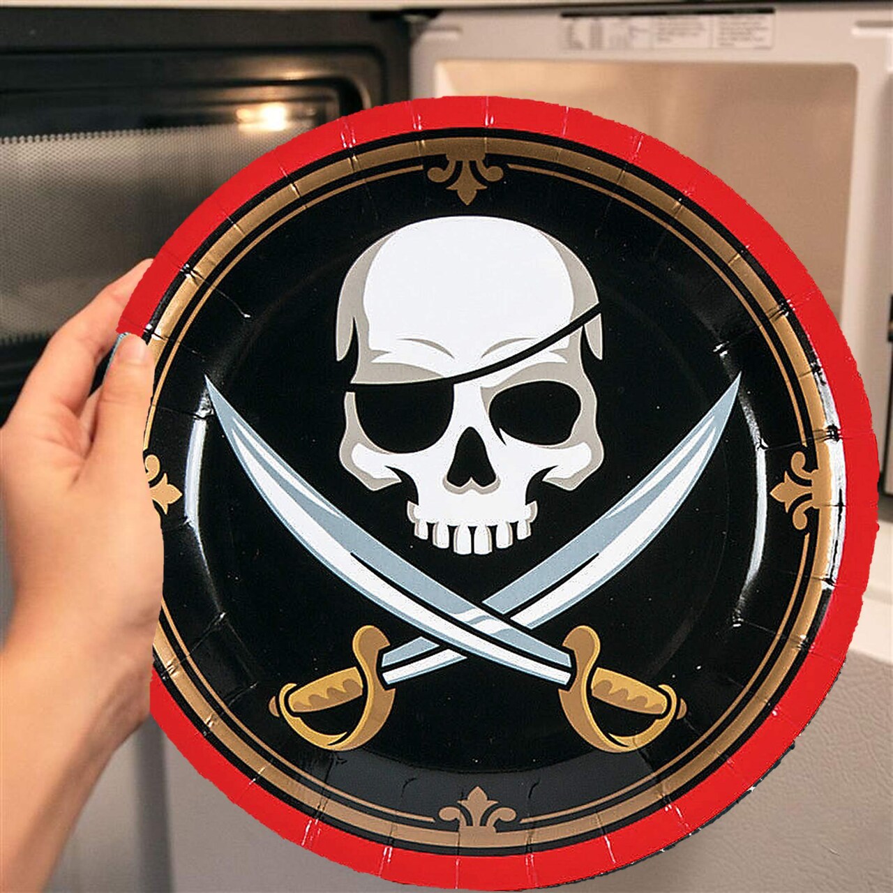 8 Ct. Skull & Crossed Swords Pirate-Themed Paper Dessert Plates 7-Inch Party Plates