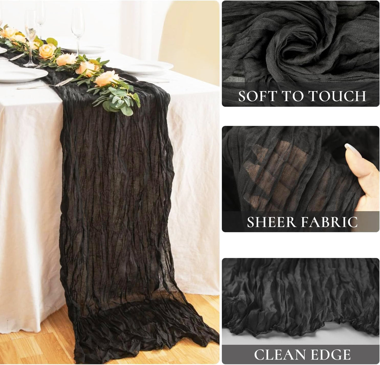 Premium Gauze Cheesecloth Table Runner 10 ft x 38" Black