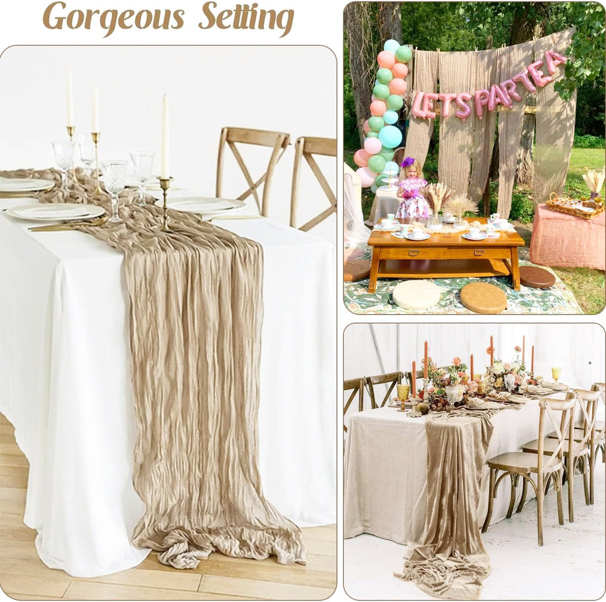 Premium Gauze Cheesecloth Table Runner 10 ft x 38 in Latte/Taupe