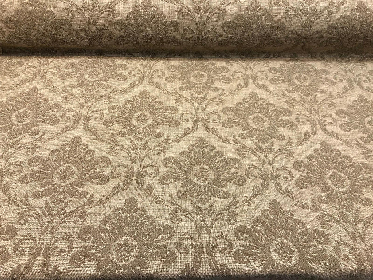 Sonia Damask Toast Chenille Upholstery Fabric - Mocha On Latte Damask Floral, 55" Width (1 Yard)