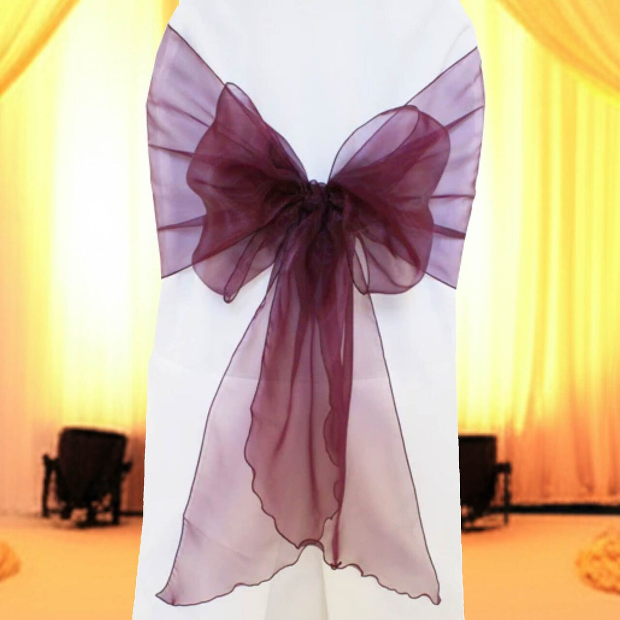 10 Pieces Plum Angle End Organza Chair Sashes, 12"x116" Elegant Event Wraps