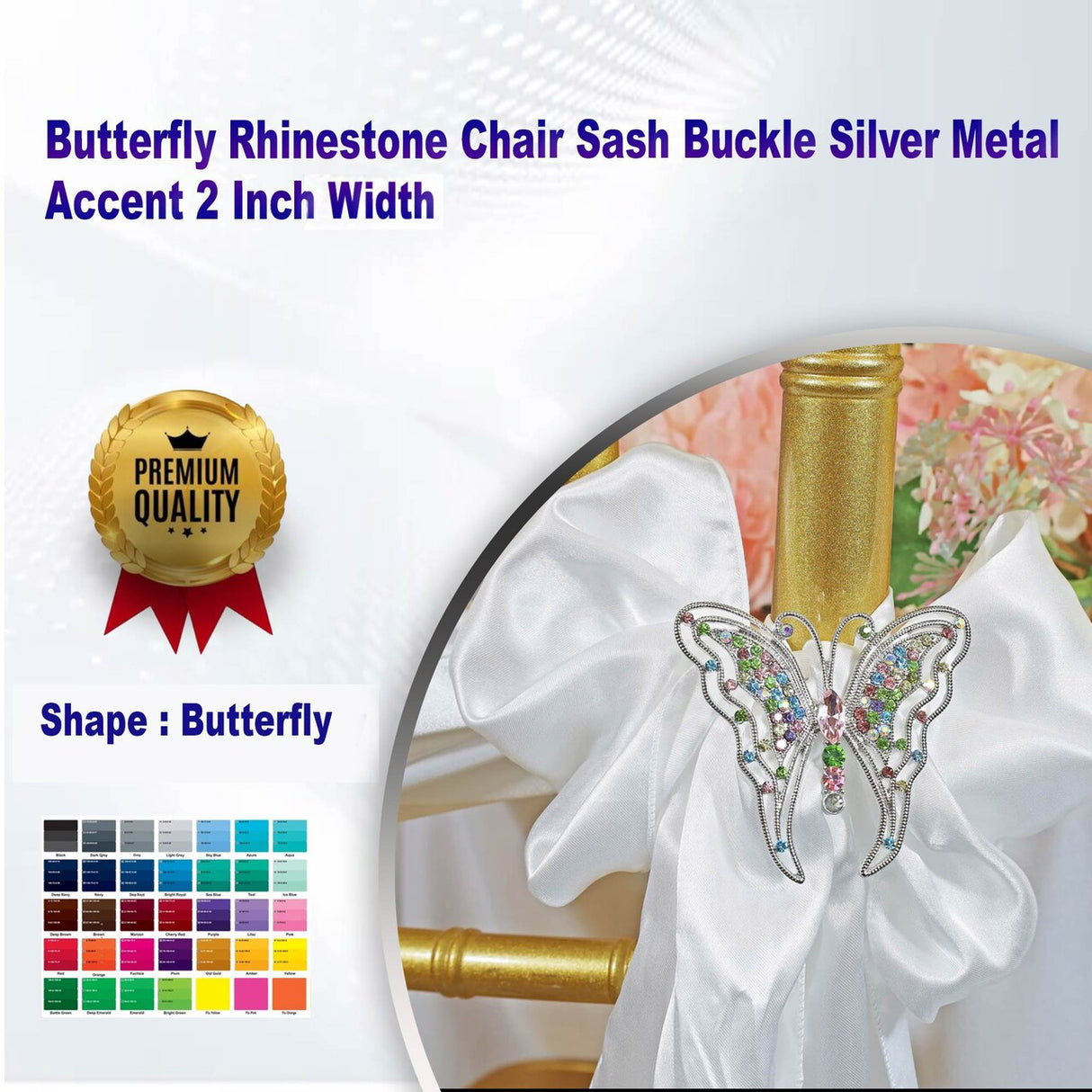 1 Piece Butterfly Rhinestone Chair Sash Buckle Silver Metal Accent 2 Inch Width