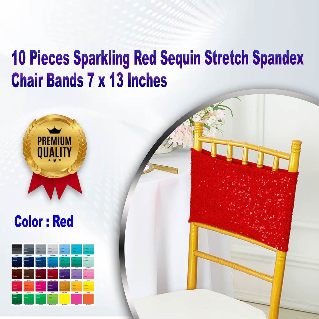10 Pieces Sparkling Red Sequin Stretch Spandex Chair Bands 7 x 13 Inches