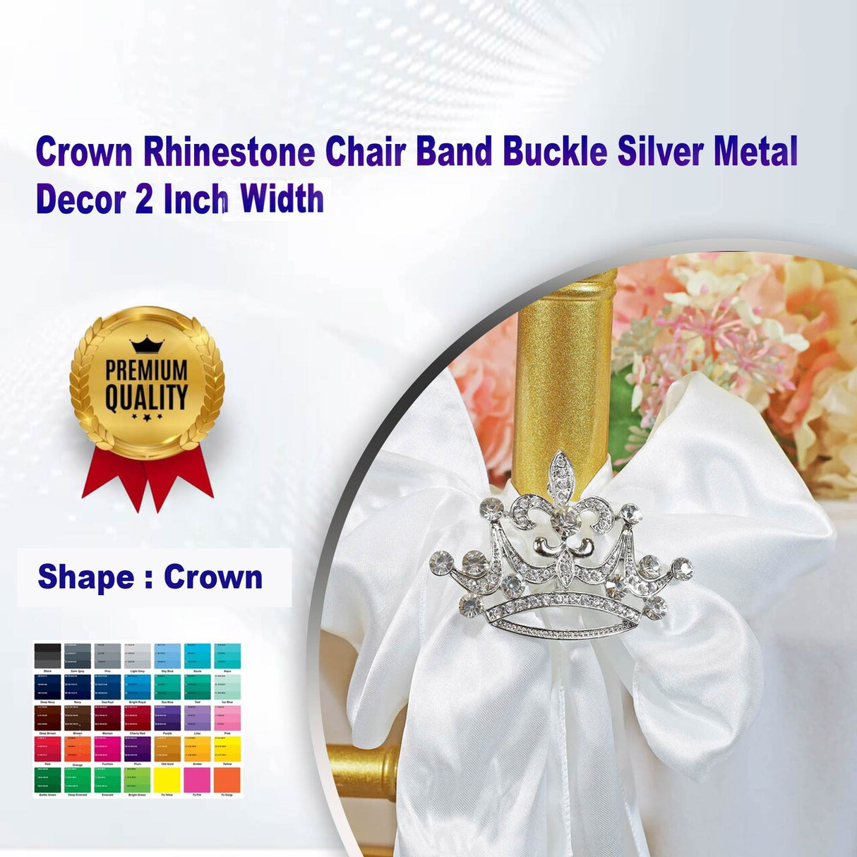 1 Piece Crown Rhinestone Chair Band Buckle Silver Metal Decor 2 Inch Width