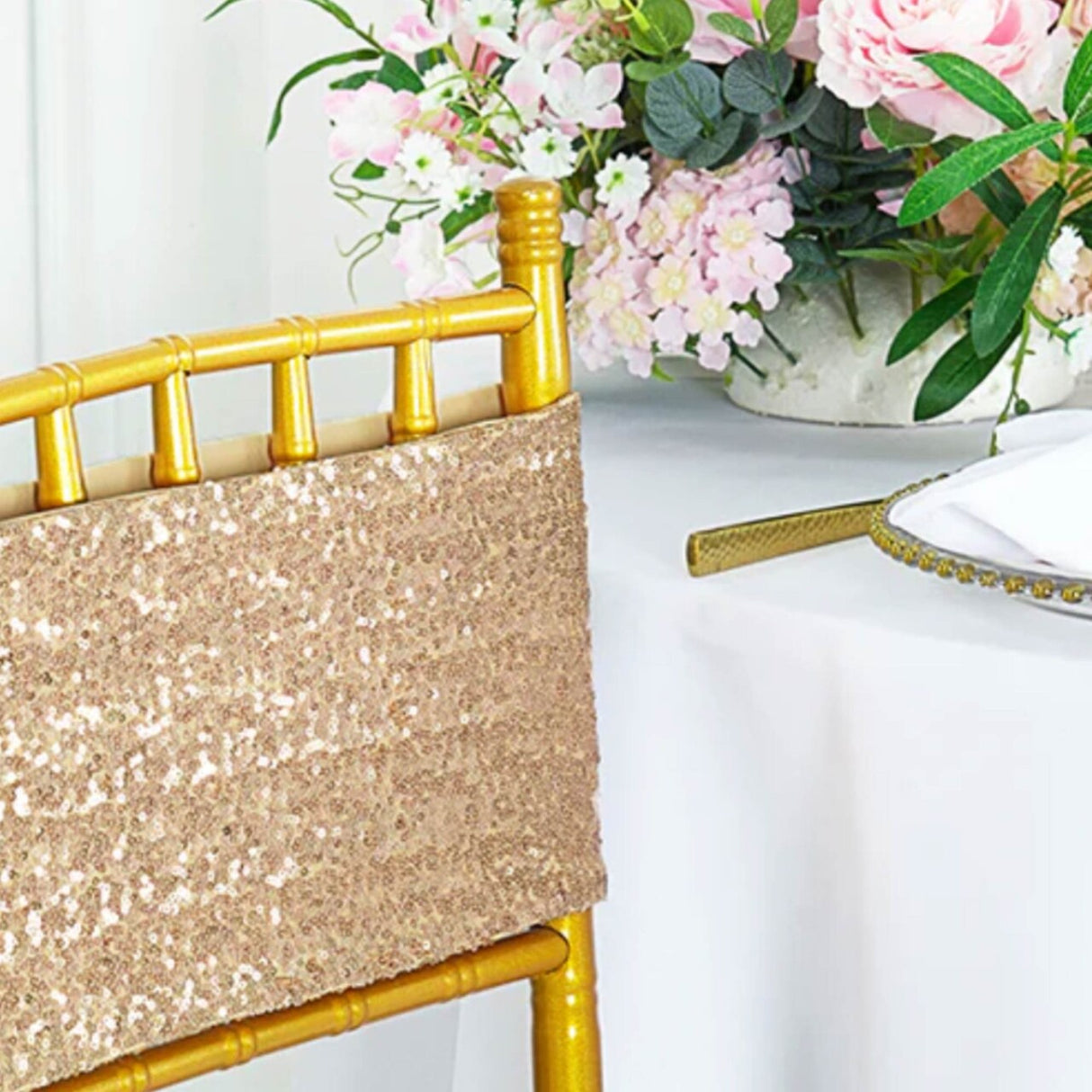 10 Pieces Luxurious Champagne Sequin Stretch Spandex Chair Bands 7 x 13 Inches