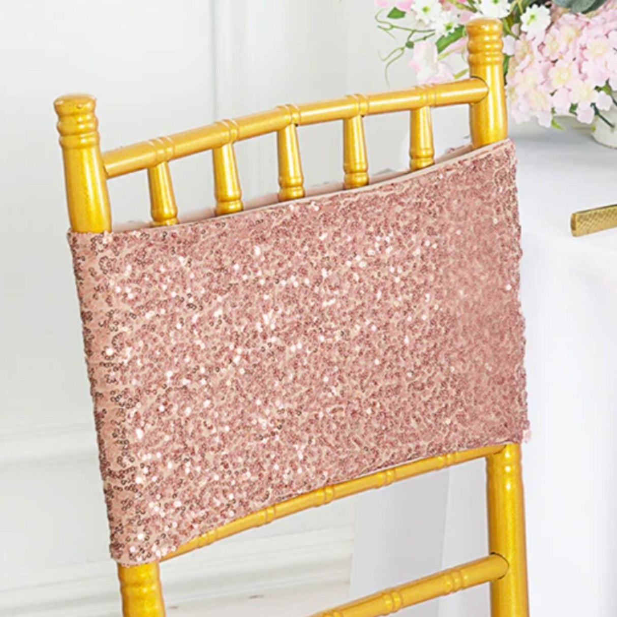 10 Pieces Elegant Blush Pink Or Rose Gold Sequin Stretch Spandex Chair Bands 7 x 13 Inches