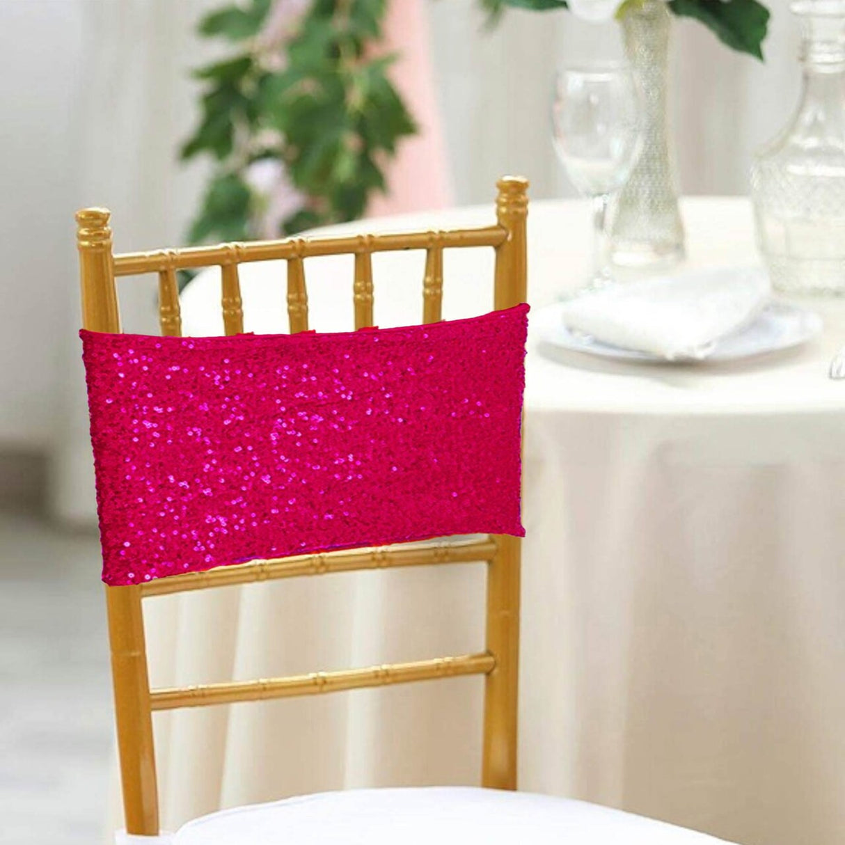 10 Pieces Vibrant Fuchsia Sequin Stretch Spandex Chair Bands 7 x 13 Inches