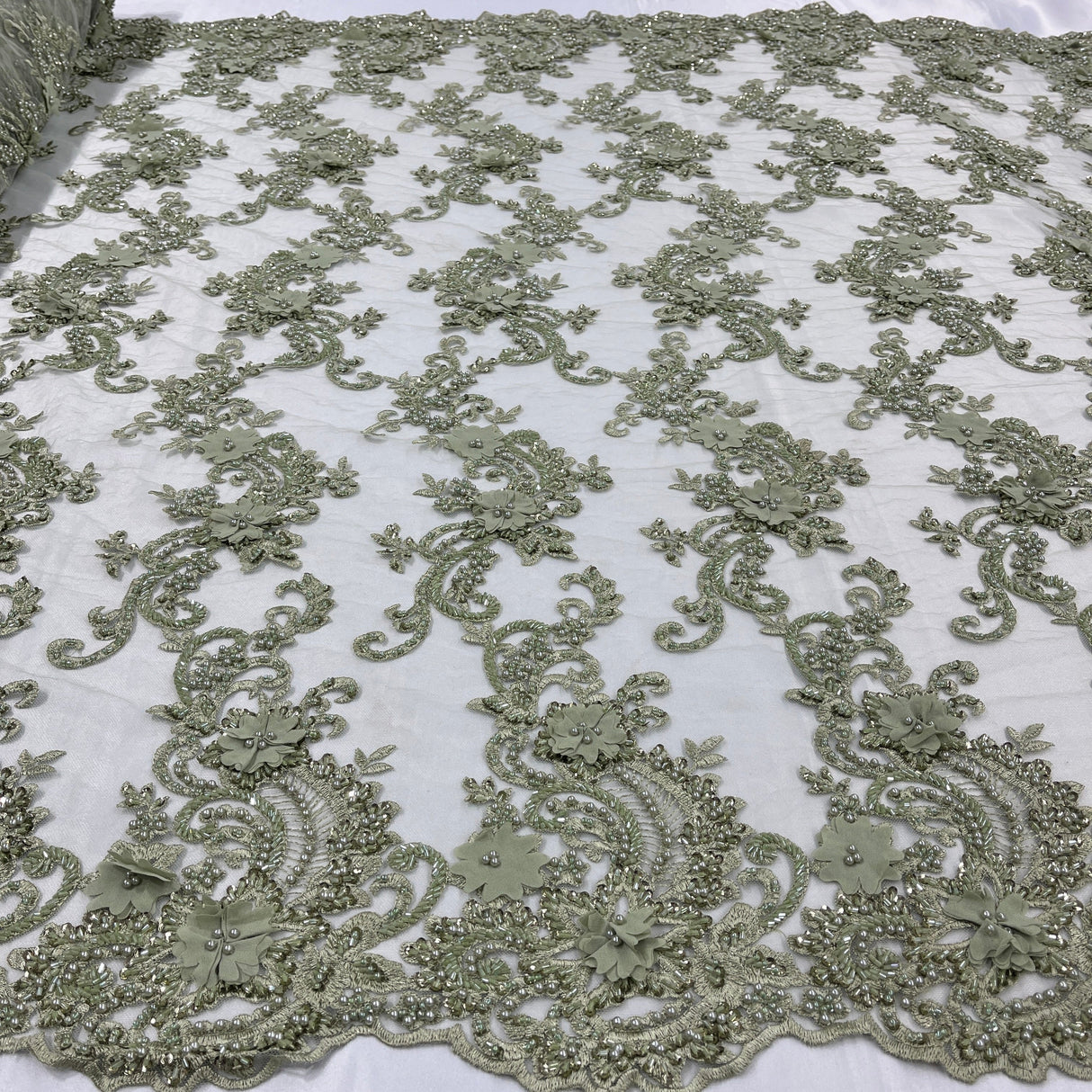 Beaded Floral Lace Fabric 3D Embroidered Net Mesh 52" Wide