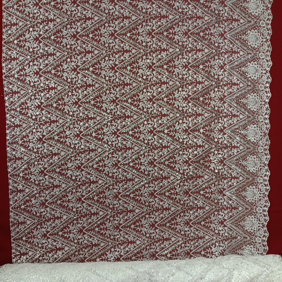 1 Yard Exquisite Beaded and Sequined Lace Fabric White