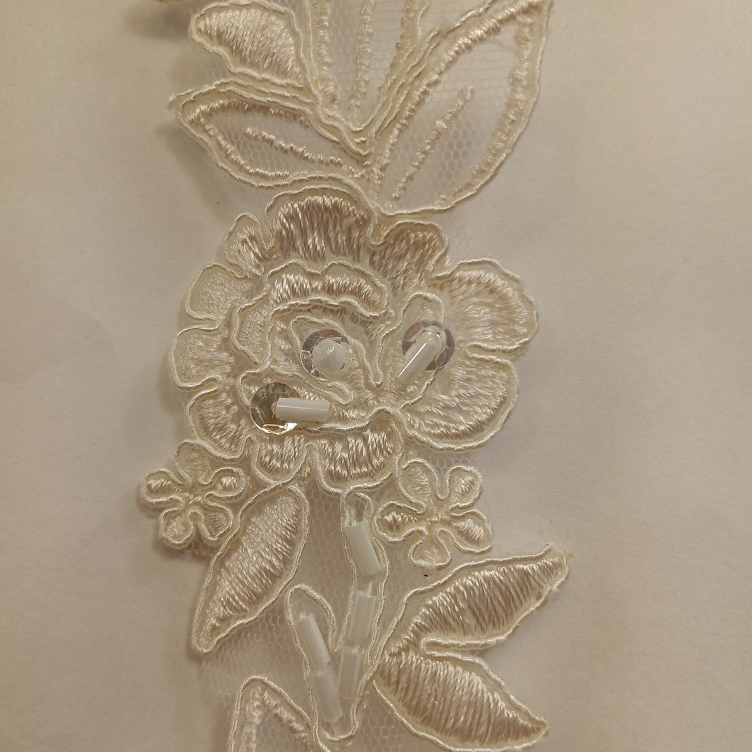 1 Yard Elegant Beaded & Corded Lace Trimming Embroidered on 100% Polyester Organza or Net Mesh for Bridal and Evening Wear 1.5 Inch Width