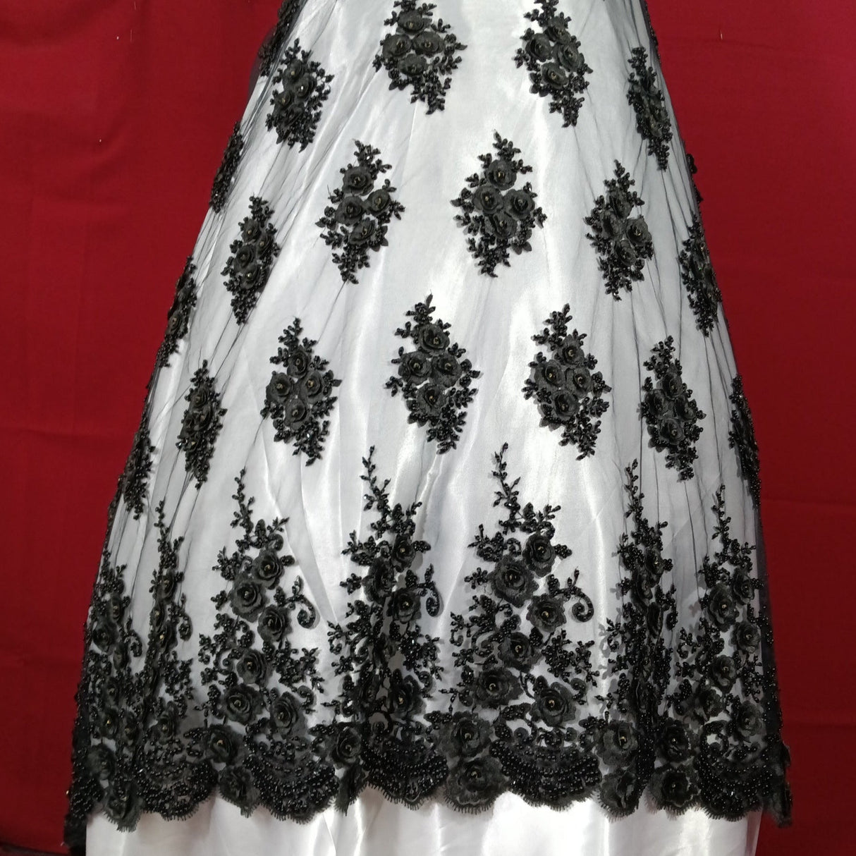 1 Yard Beaded & Rhinestone 3D Floral Embroidered Lace Fabric, Black Polyester Mesh, 54” Wide,