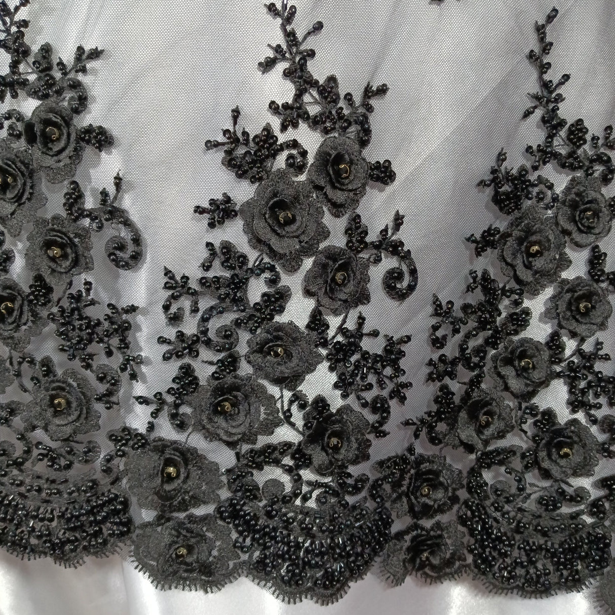 3D Floral Beaded Rhinestone Polyester Lace Fabric - Black, Silver, Pink, 3D Floral Embroidery, 54" Wide (1 Yard)
