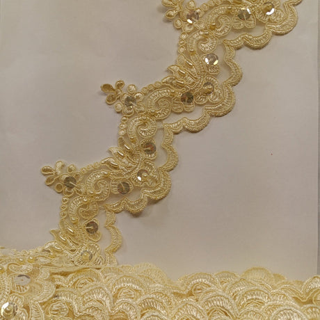 1 Yard Luxurious Beaded & Corded Lace Trimming Embroidered on 100% Polyester Net Mesh for Special Occasion Dresses 3 Inch Width