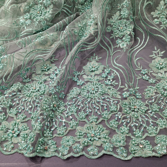 1 Yard Beaded Lace Fabric Embroidered on Polyester Net Mesh 51 inch Width