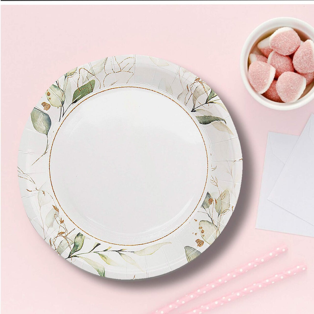 8 Ct. Eucalyptus Paper Dessert Plates 7-Inch Elegant Greenery Wedding or Shower Tableware