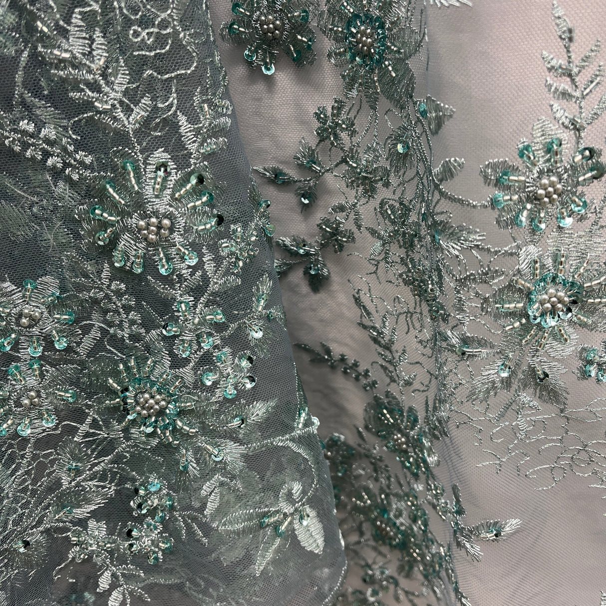 Beaded Floral Lace Fabric on Polyester Net Mesh