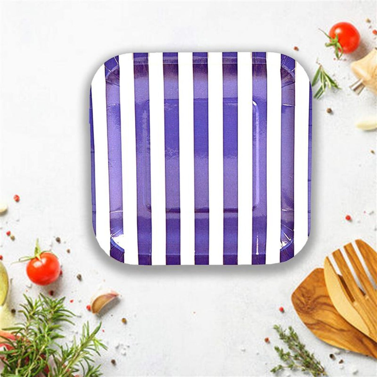 8 Ct. Purple Striped Square Paper Dessert Plates Bold Party Tableware 7 1/4"