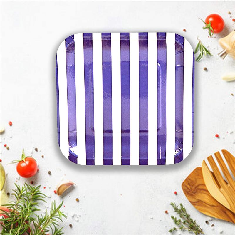 8 Ct. Purple Striped Square Paper Dessert Plates Bold Party Tableware 7 1/4"