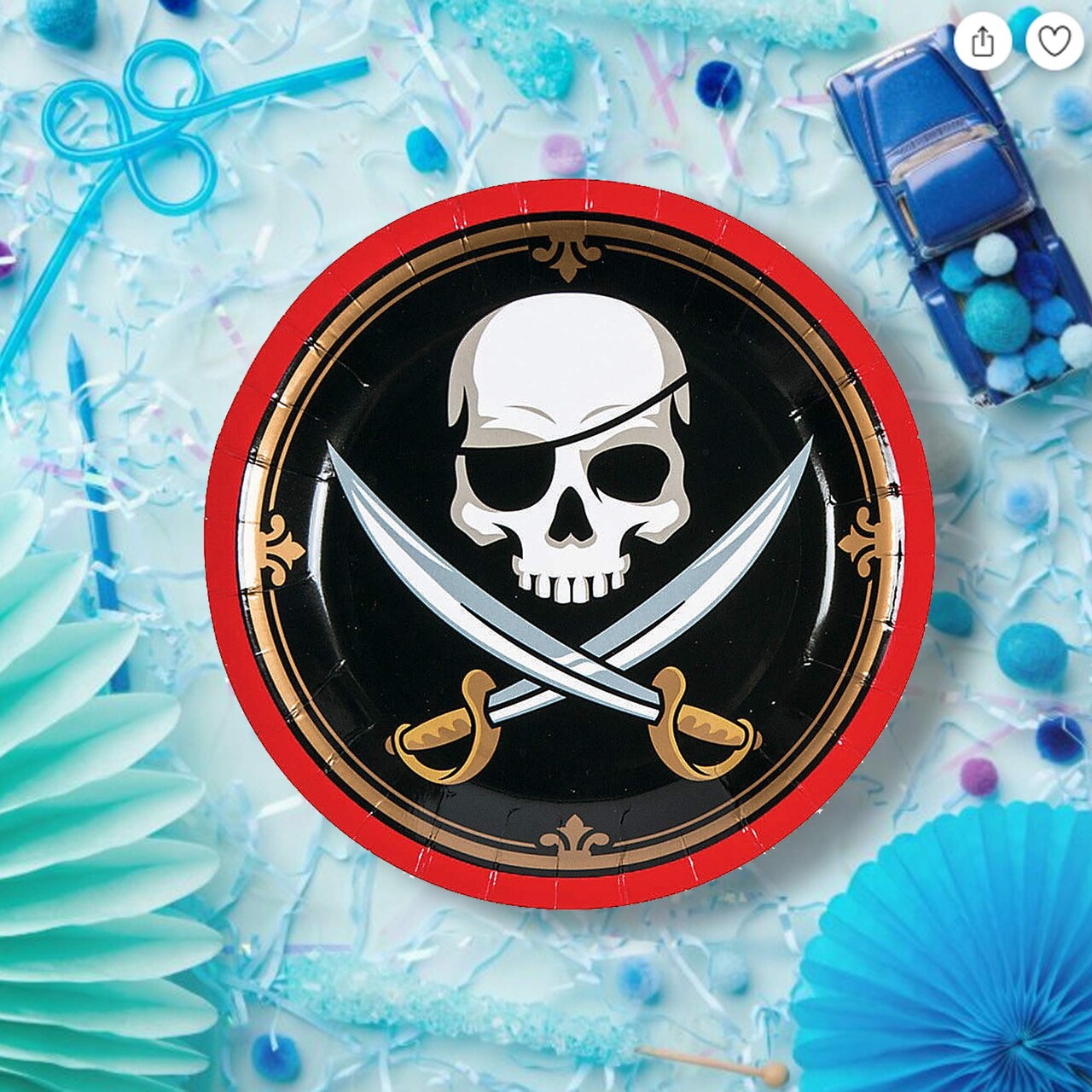 8 Ct. Skull & Crossed Swords Pirate-Themed Paper Dessert Plates 7-Inch Party Plates