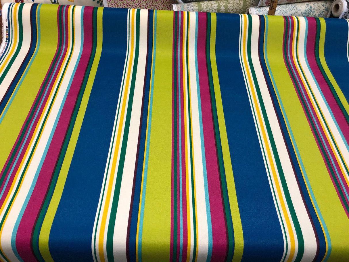Richloom Thailand Stripe Polyester Fabric - Blue Green Yellow And Lavender Stripe, 54" Width, 15" Vertical Repeat (1 Yard)