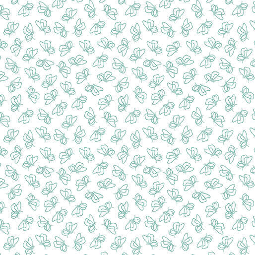 Cotton Print Flutter By White/Teal Fabric 44/45