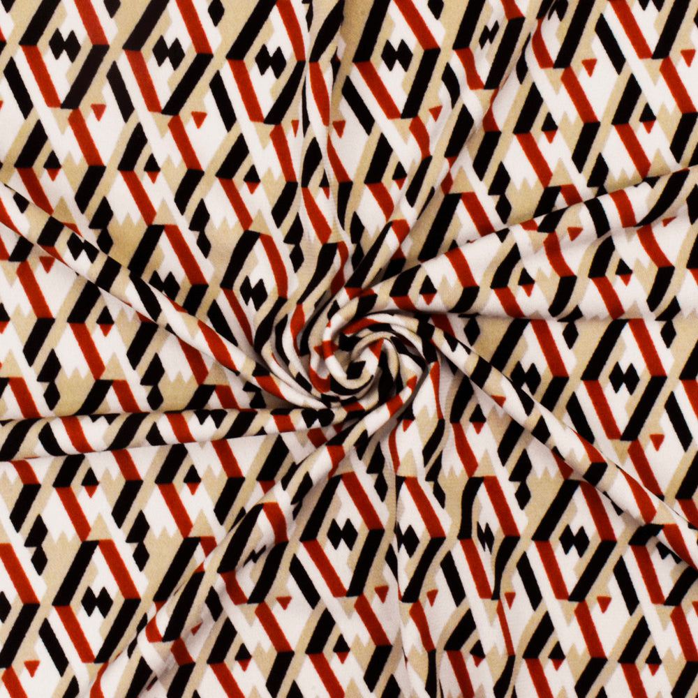 1 Yard Taupe Beige Red Multi Geometry 3D Print Stretch Polyester ITY Knit Fabric For Blouses And Dancewear 58 Inches Width