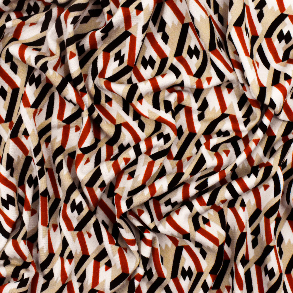 1 Yard Taupe Beige Red Multi Geometry 3D Print Stretch Polyester ITY Knit Fabric For Blouses And Dancewear 58 Inches Width