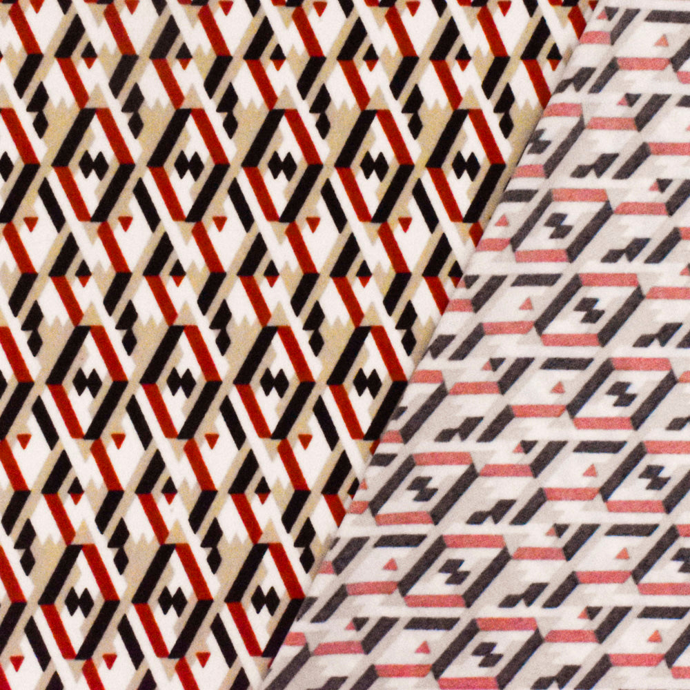 1 Yard Taupe Beige Red Multi Geometry 3D Print Stretch Polyester ITY Knit Fabric For Blouses And Dancewear 58 Inches Width