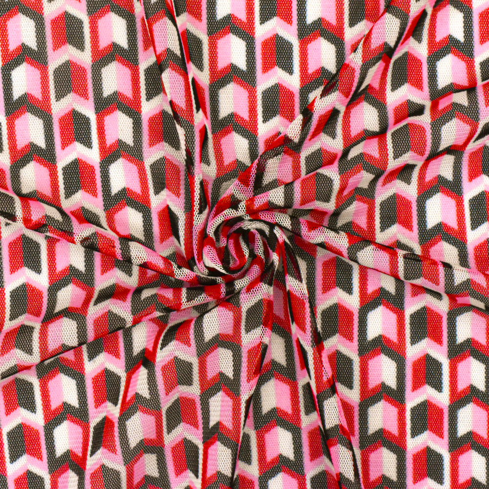 1 Yard Red Black Multi Arrow Print Stretch Polyester Mesh Knit Fabric For Overlays And Dancewear 61 Inches Width