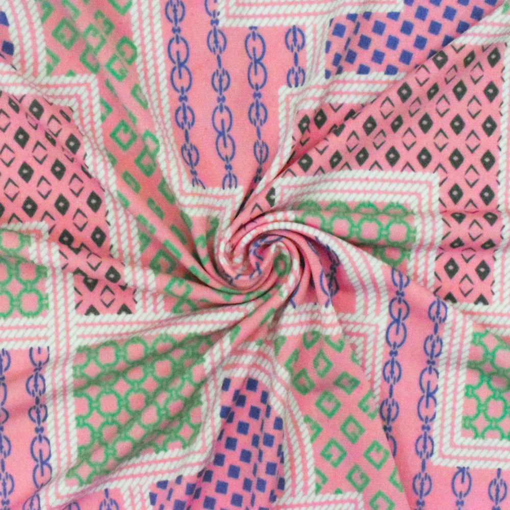 1 Yard Boho Pink White Multi Frame Print Stretch Polyester ITY Knit Fabric For Blouses And Dancewear 62 Inches Width