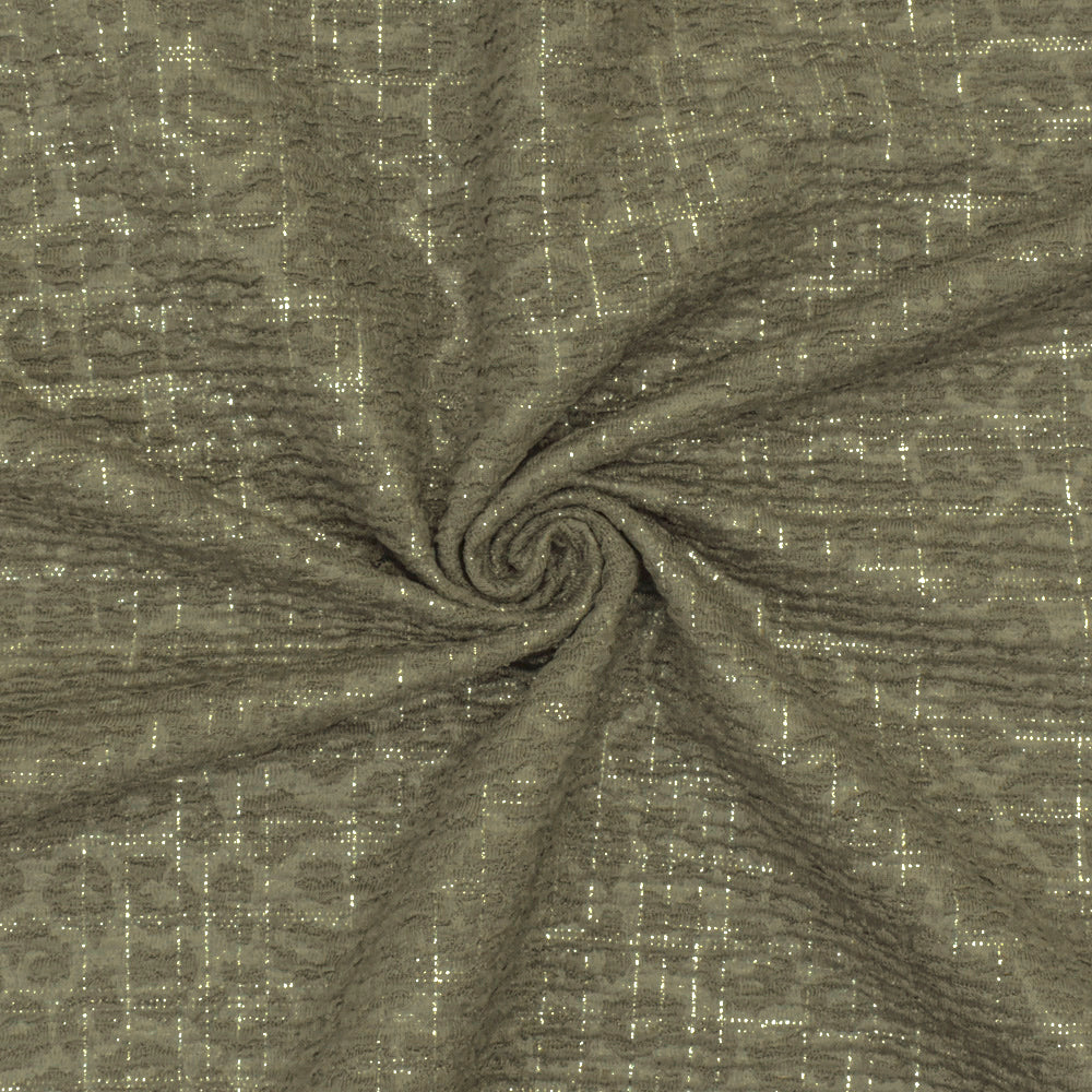 1 Yard Green & Silver Crinkle Leopard Metallic Plaid Stretch Double Knit Fabric, 61 Inches Wide