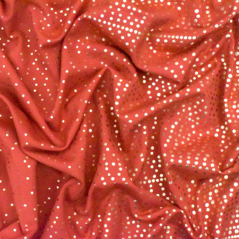 1 Yard Sunset Red Gold Dot Foil Stretch Tricot Activewear Fabric 59 Inches Wide