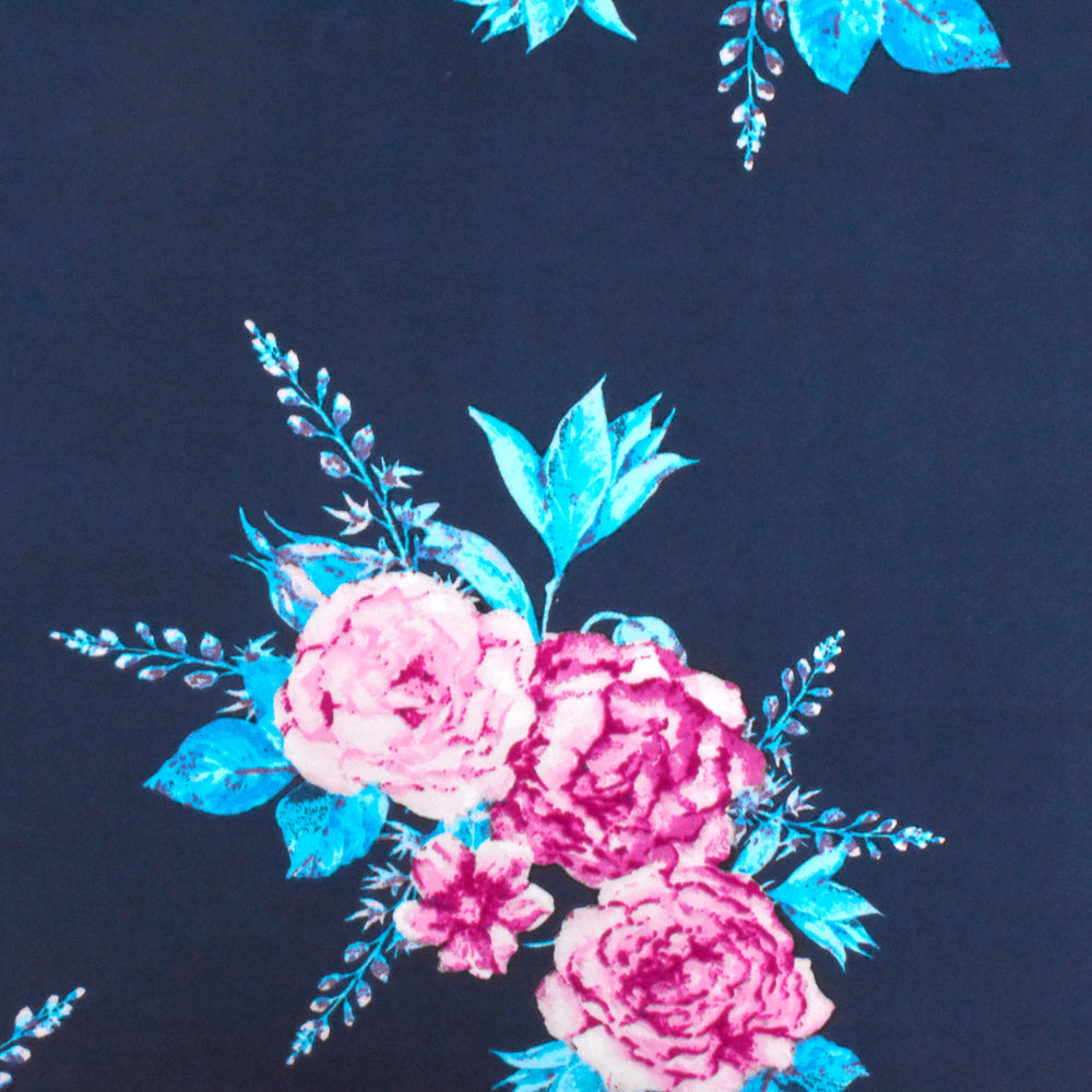 1 Yard Blue, Pink & Multi Floral Printed Double Brushed DTY Knit Fabric 60 Inches Wide