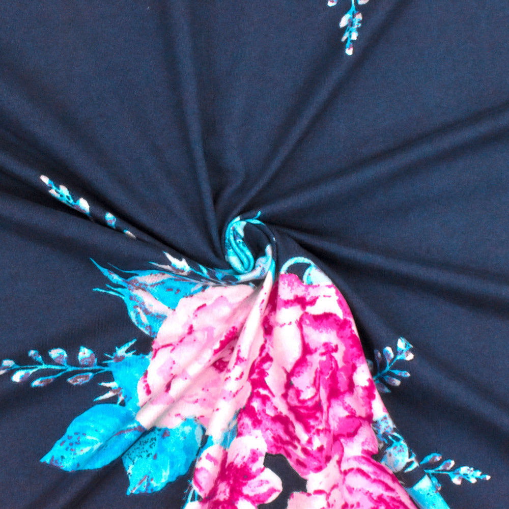 1 Yard Blue, Pink & Multi Floral Printed Double Brushed DTY Knit Fabric 60 Inches Wide