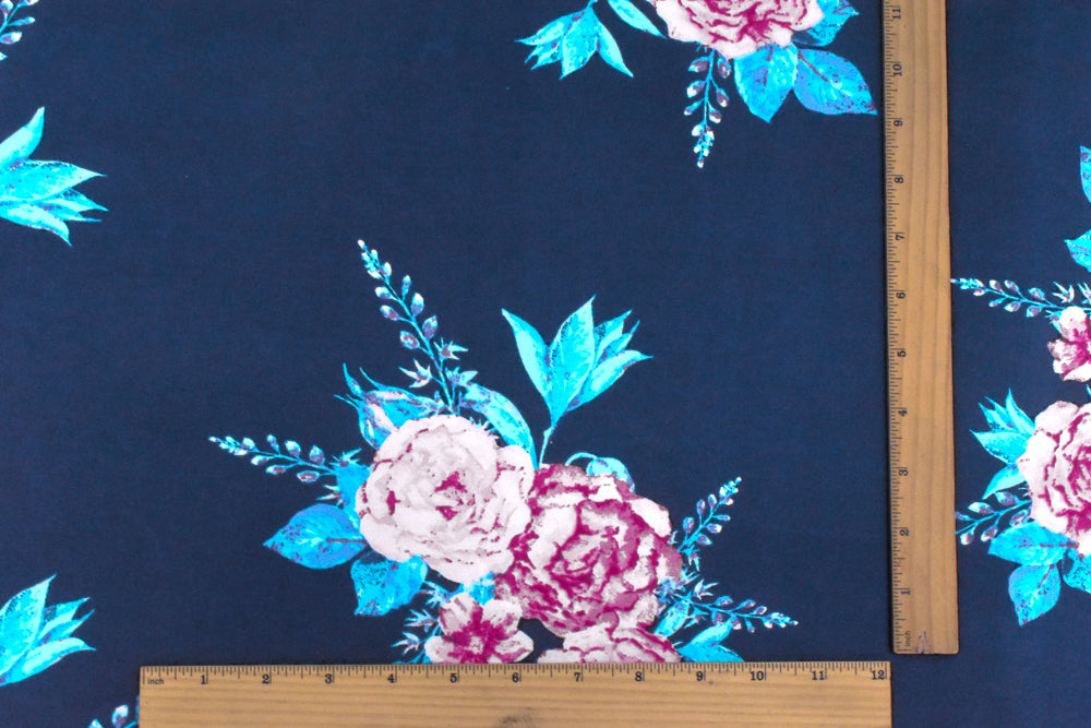 1 Yard Blue, Pink & Multi Floral Printed Double Brushed DTY Knit Fabric 60 Inches Wide